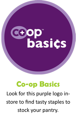white text in purple circle reads: co-op basics. caption: look for this purple logo in-store to find tasty staples to stock your pantry.