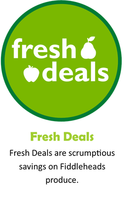 white text over bright green circle reads: fresh deals. Caption: fresh deals are scrumptious savings on fiddleheads produce.