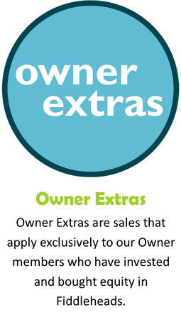 white text over bright blue background reads: owner extras. caption: owner extras are sales that apply exclusively to our owner members who have invested and bought equity in Fiddleheads.